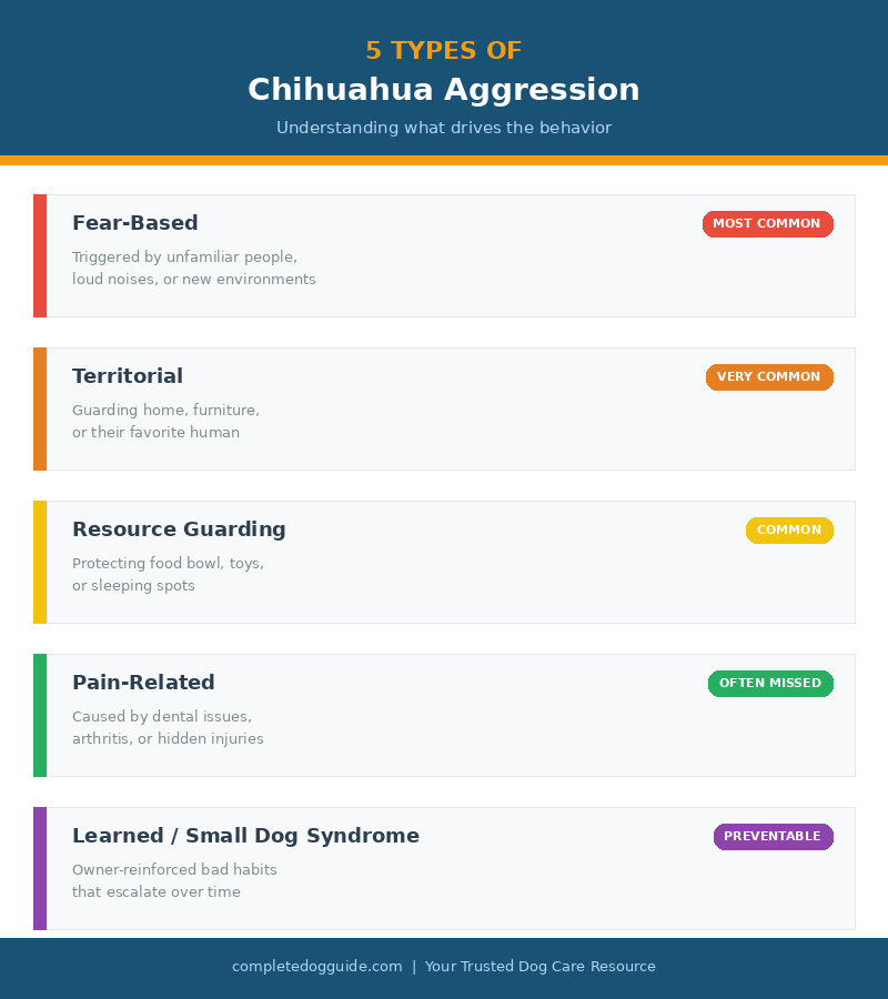 Infographic explaining 5 types of chihuahua aggression including fear-based, territorial, resource guarding, pain-related, and learned small dog syndrome with severity labels