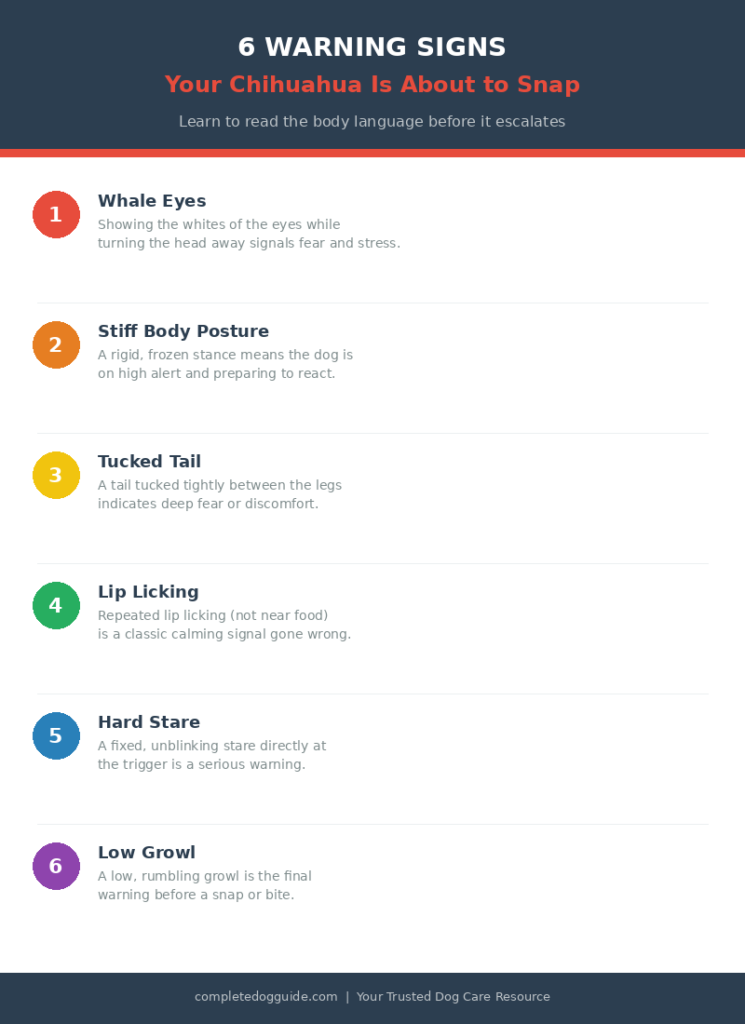 Infographic listing 6 warning signs a chihuahua is about to snap including whale eyes, stiff body posture, tucked tail, lip licking, hard stare, and low growl