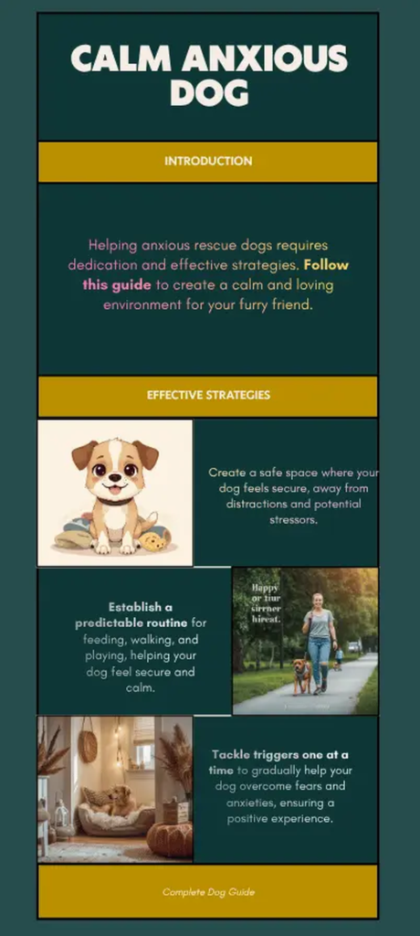 How to Calm an Anxious Rescue Dog: The Plan That Actually Works 12 Infographic on how to calm an anxious rescue dog, showing key strategies including creating a safe space, keeping a predictable daily routine, and tackling triggers one at a time