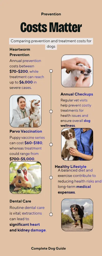 Can't Afford the Vet? A Budget Friendly approach 16 Infographic comparing dog prevention costs versus treatment costs: heartworm prevention $70 to $200 per year versus $600 to $3,000 treatment, and puppy parvo vaccines $60 to $180 versus $700 to $5,000 treatment